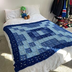 Blue Patchwork Crochet Blanket